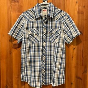 Large Levi’s Western Short Sleeve Shirt pearlized Snaps Blue Gray Plaid Mens